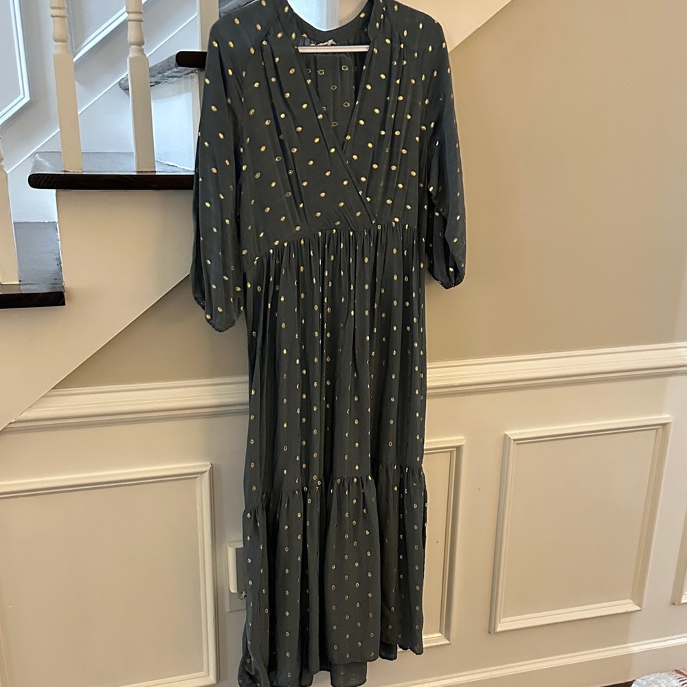 Anthropologie Charcoal and Gold Polka Dot Long Sleeve Dress